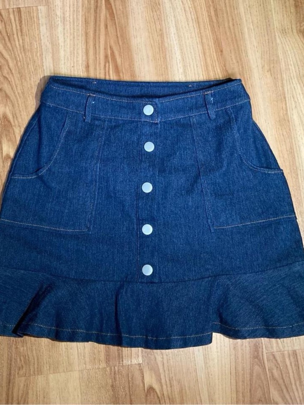 mi ami Dark Blue Denim Button-Front Ruffle Mini Skirt